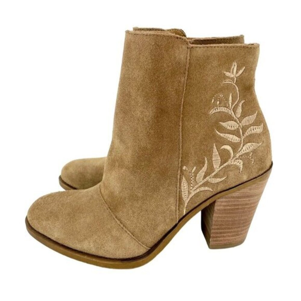 Lucky Brand Boots Suede Embroidered Ankle Boots Tan Heel Leather SZ 6 New
